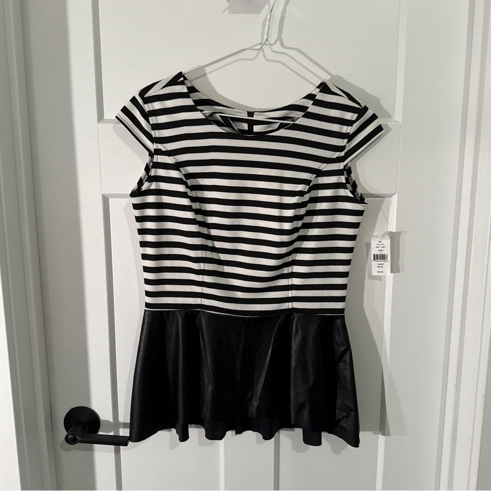 Striped Black and White Peplum Leather Blouse